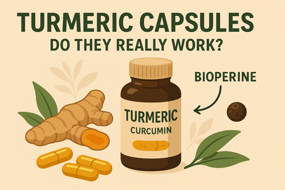Fresh turmeric roots and turmeric powder on a dark background with yellow flowers, representing natural curcumin and turmeric supplement benefits.