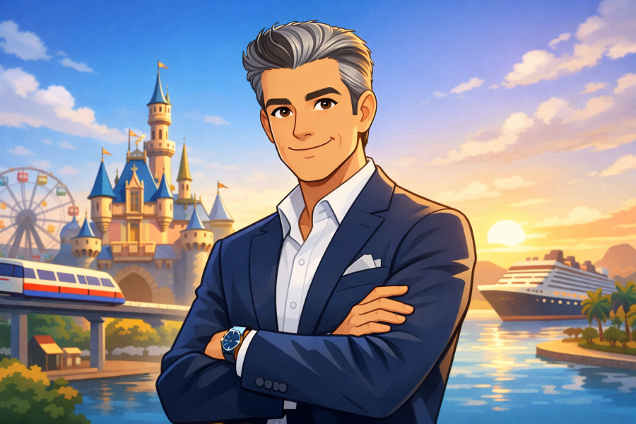 Animated-style illustration of a next-generation entertainment CEO standing confidently against a bright, dynamic background, symbolizing experience-driven leadership and customer-centric strategy