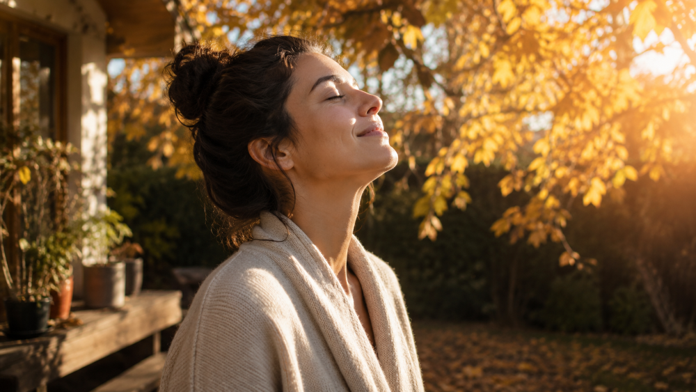 A woman stands peacefully in a quiet autumn garden, eyes closed and face lifted toward the warm golden sunlight, suggesting rest, gratitude, and simple care for the body.
