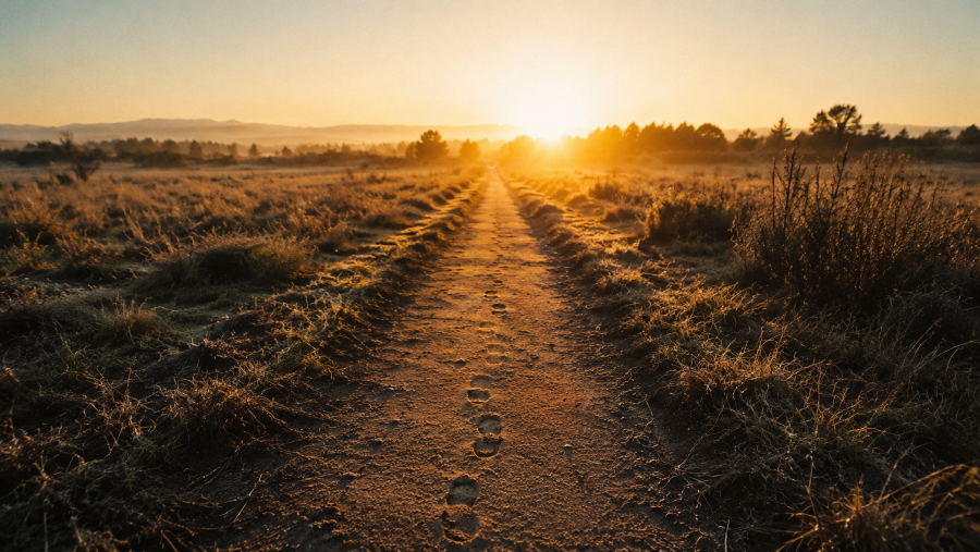 A long dirt path stretches through an open landscape at sunrise, with one set of footprints leading toward the golden light on the horizon. The image symbolizes faith, obedience, healing, and moving forward after restoration.