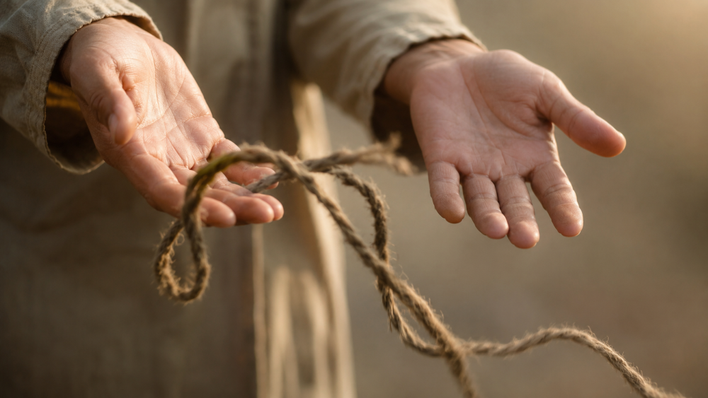 A close-up photograph of open hands gently releasing a worn rope, symbolizing freedom, surrender, and letting go of a burden that was never meant to be carried.