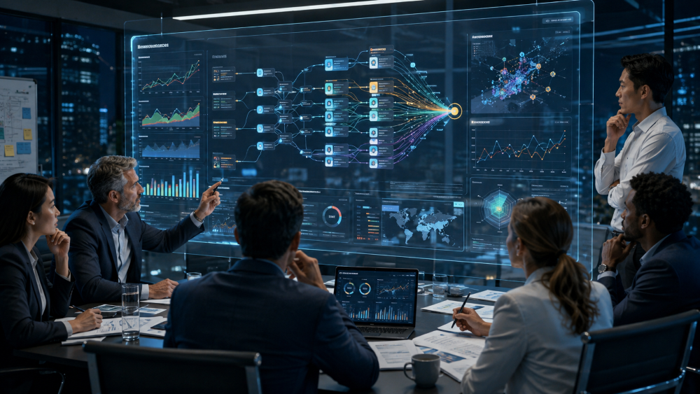 Business leaders using AI Strategic Decision-Making tools to analyze data, compare strategic options, and evaluate business scenarios.