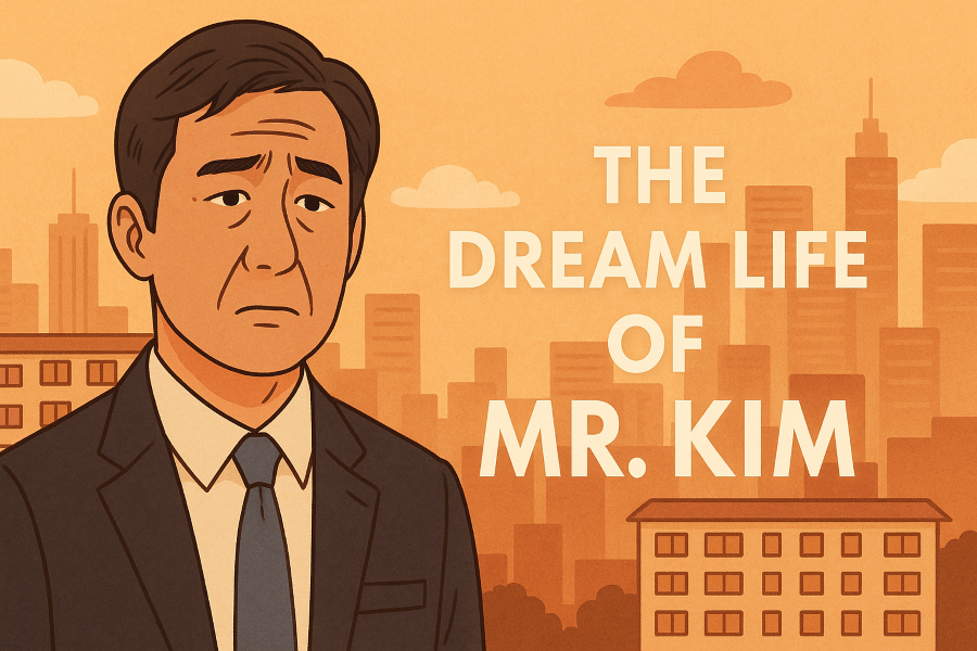 Illustrated cover for the review of “The Dream Life of Mr. Kim,” depicting the emotional weight carried by middle-aged Korean workers.