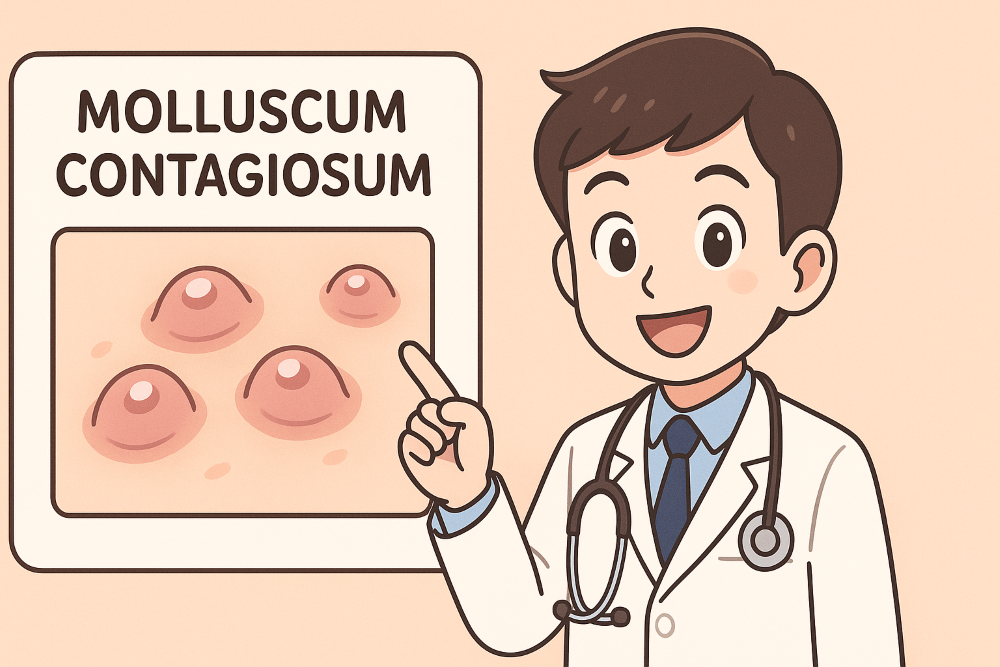 “Anime-style medical illustration showing a doctor explaining molluscum contagiosum with a diagram of dome-shaped skin bumps for an educational health guide.”