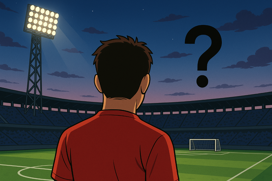 Illustration of a football stadium under evening lights, symbolizing transfer speculation and professional football analysis.