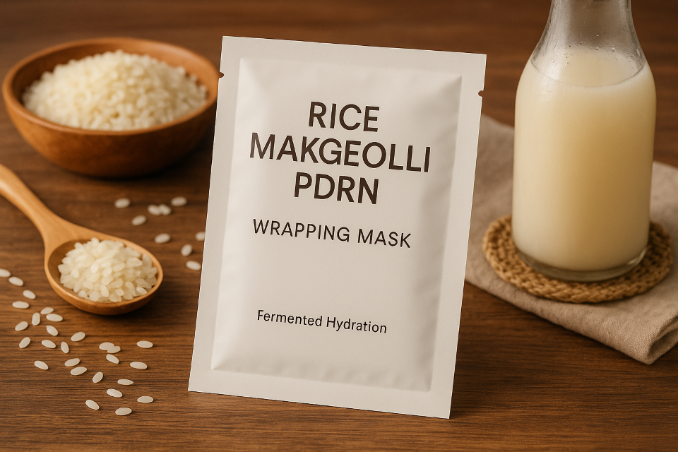 Rice Makgeolli PDRN wrapping mask displayed with rice grains and fermented rice drink on a wooden surface, representing Korean fermented skincare and hydration care.