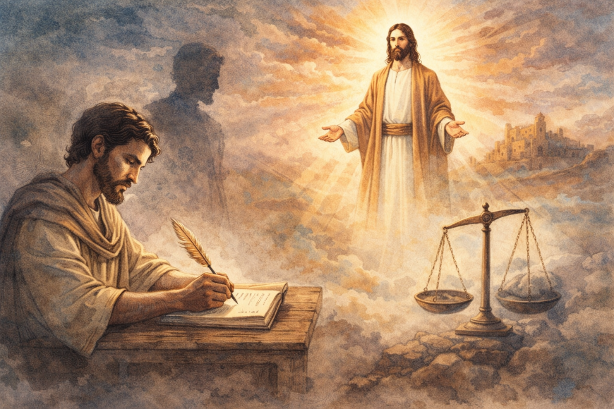 A watercolor-style illustration symbolizing conscience and God’s judgment, showing a man writing in reflection, Jesus Christ radiating light in the background, and balanced scales representing divine justice.