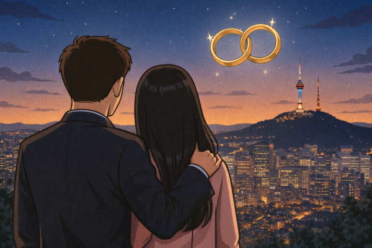 Illustration symbolizing a Korean celebrity couple announcement, representing commitment and a serious relationship.