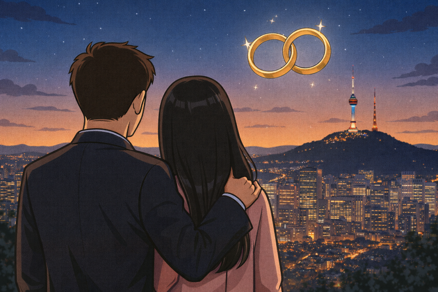Illustration symbolizing a Korean celebrity couple announcement, representing commitment and a serious relationship.