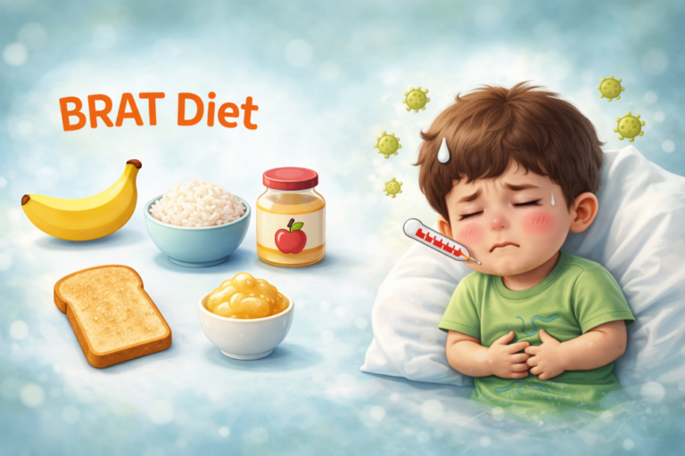 Photo-style illustration showing a child with an upset stomach resting in bed, alongside BRAT diet foods including banana, rice, applesauce, and toast, commonly recommended for digestive discomfort.