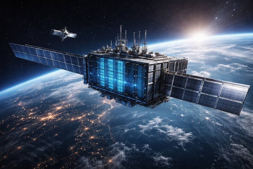 Space-based data center orbiting Earth, illustrating AI infrastructure and next-generation cloud computing investment in the United States.