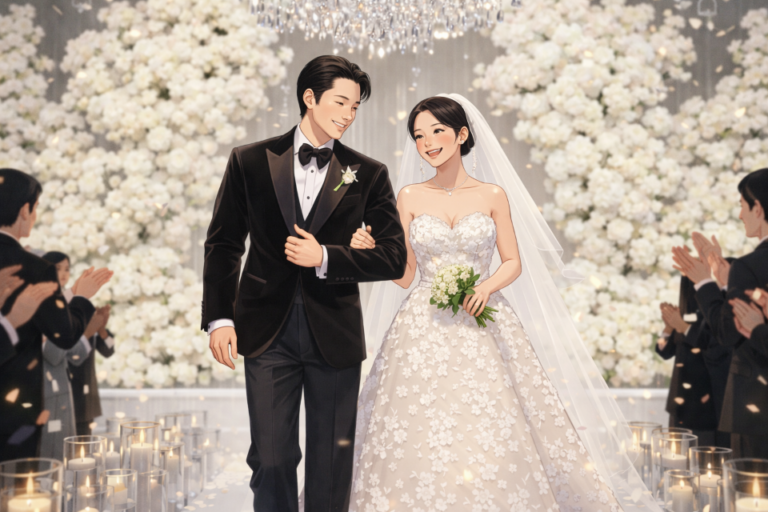 Illustration symbolizing a private Korean celebrity wedding, representing commitment after a long-term relationship.