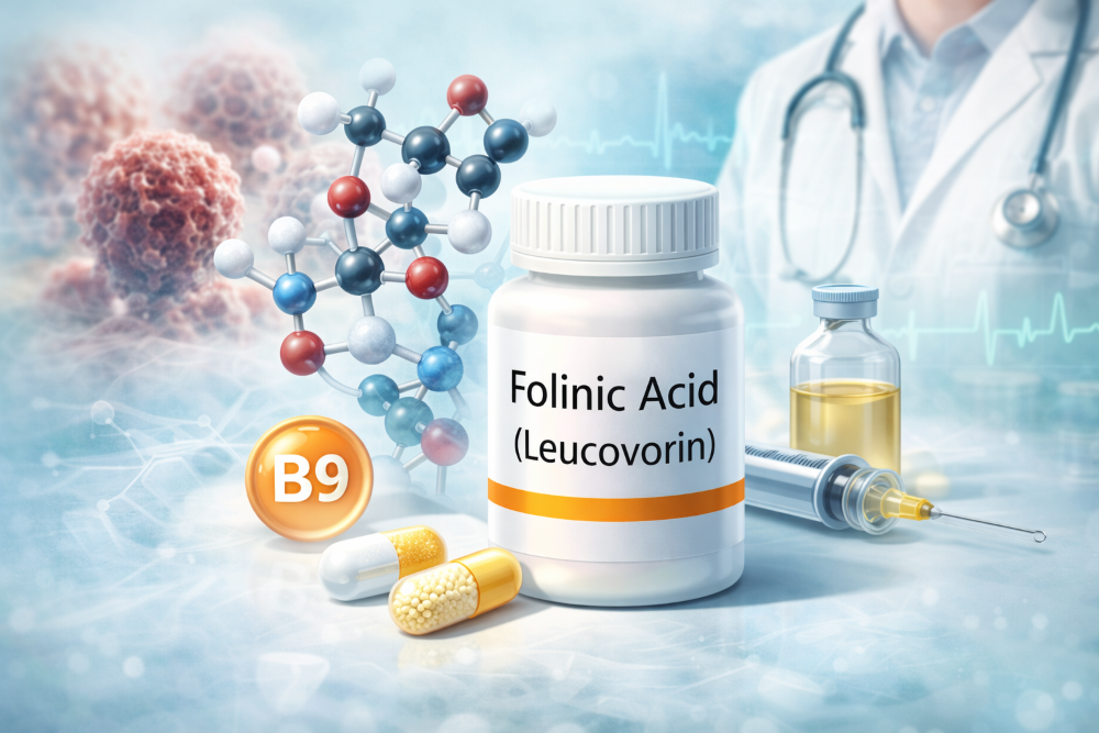 Photo-style medical illustration showing a bottle labeled ‘Folinic Acid (Leucovorin)’ with vitamin B9 capsules, a folate molecular structure, and medical elements representing cancer treatment support and folate metabolism.