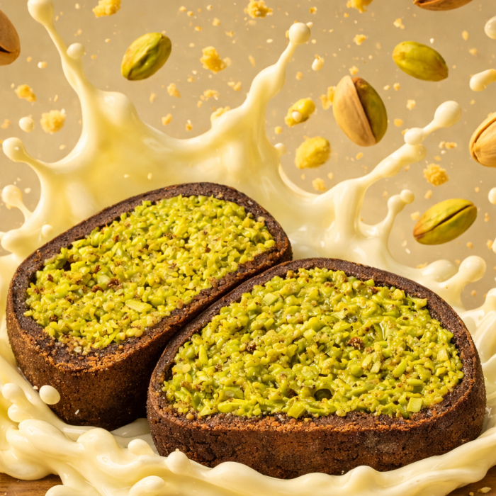 Thick Dubai-style chewy cookies with a gooey center and pistachio filling, photographed in a modern café dessert setting.