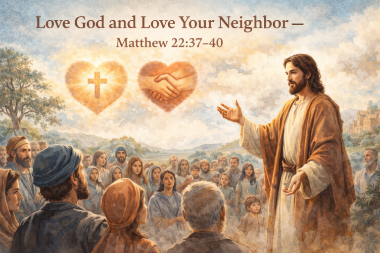 Jesus teaching His followers about loving God and loving others, illustrating the greatest commandment from Matthew 22:37–40.