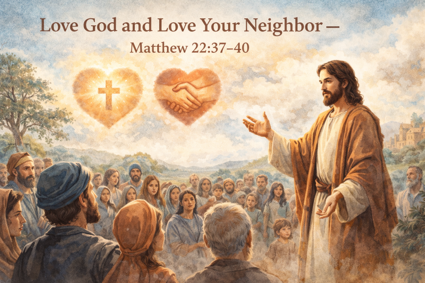 Jesus teaching His followers about loving God and loving others, illustrating the greatest commandment from Matthew 22:37–40.