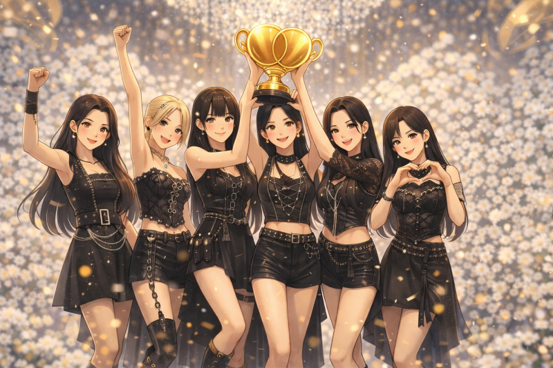 Anime-style illustration of a six-member K-pop girl group standing confidently together, representing strong brand influence and top brand reputation ranking.