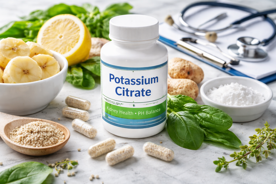 Potassium citrate supplement bottle surrounded by bananas, lemon, leafy greens, capsules, and a stethoscope, illustrating kidney health, urinary pH balance, and electrolyte support.