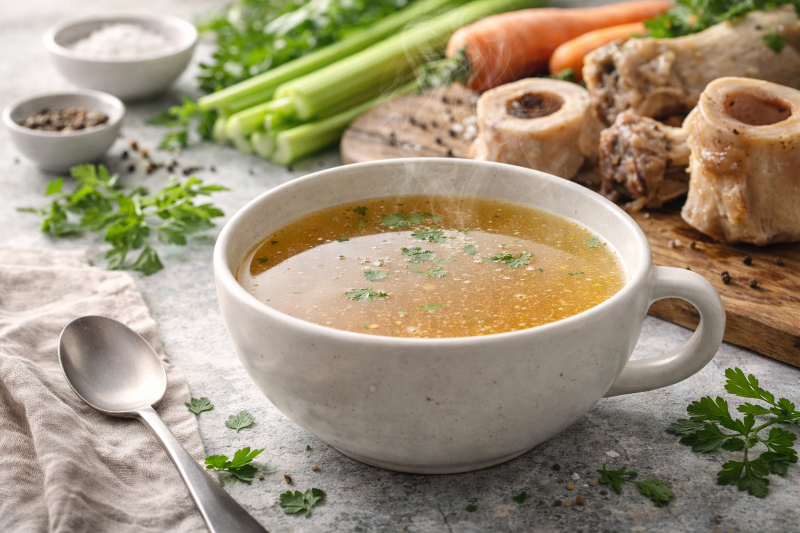 A steaming bowl of homemade bone broth garnished with fresh herbs, surrounded by beef bones, vegetables, and seasonings, illustrating the nutritional benefits of bone broth.