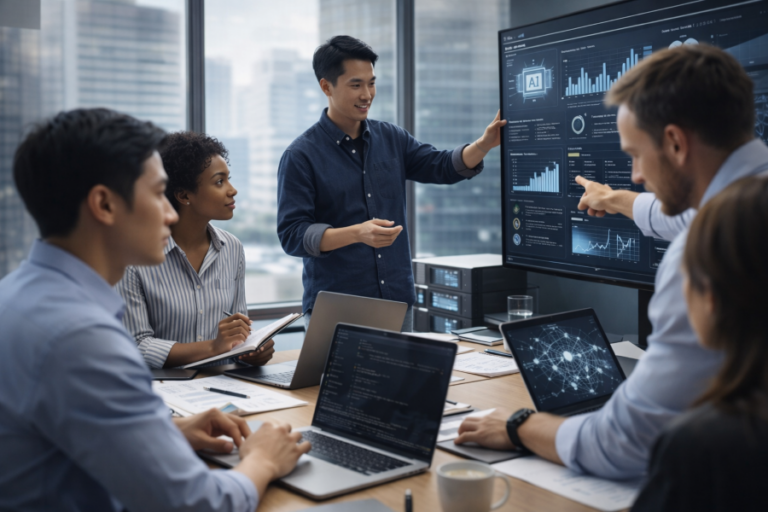 A diverse team of professionals collaborating around AI dashboards and data analytics in a modern office, representing new collar jobs in the age of artificial intelligence.