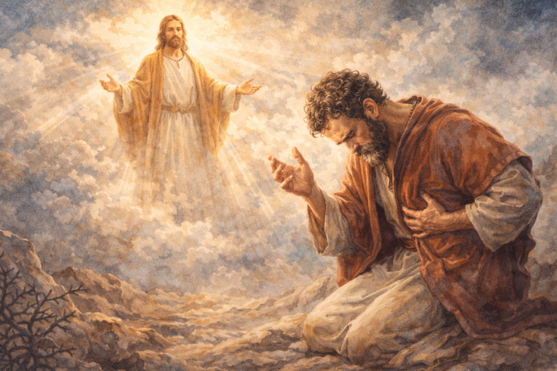 A watercolor illustration of the Apostle Paul kneeling in weakness while Jesus radiates light behind him, symbolizing God’s strength revealed through human weakness.