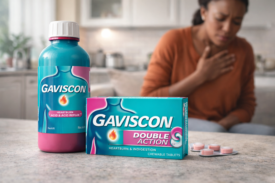 Gaviscon liquid and chewable tablets displayed on a kitchen counter, illustrating over-the-counter relief for heartburn, acid reflux, and indigestion.