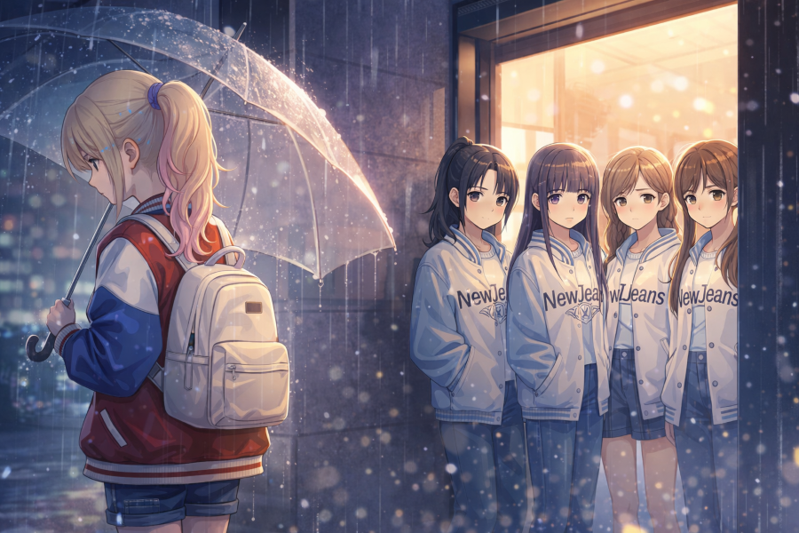 Anime-style illustration depicting a symbolic farewell scene inspired by NewJeans’ contract termination news, showing one member walking away under an umbrella while the remaining members stand together in the rain, expressing separation and transition in a K-pop group.