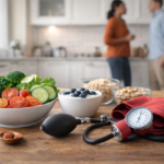 Healthy gut-friendly foods and a blood pressure monitor on a kitchen table, illustrating the connection between gut health and blood pressure control.