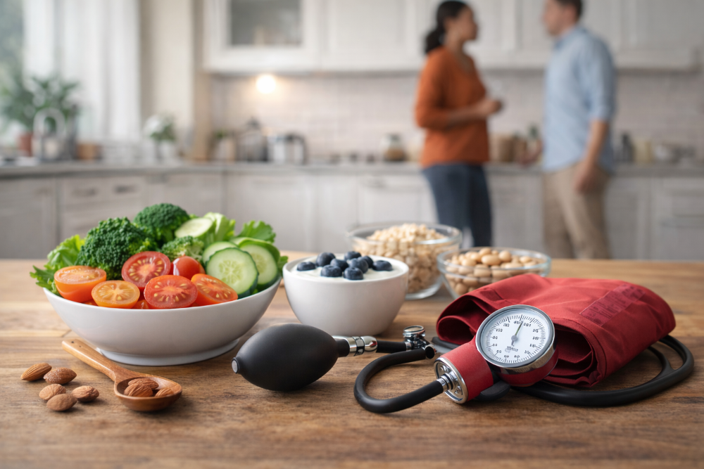 Healthy gut-friendly foods and a blood pressure monitor on a kitchen table, illustrating the connection between gut health and blood pressure control.