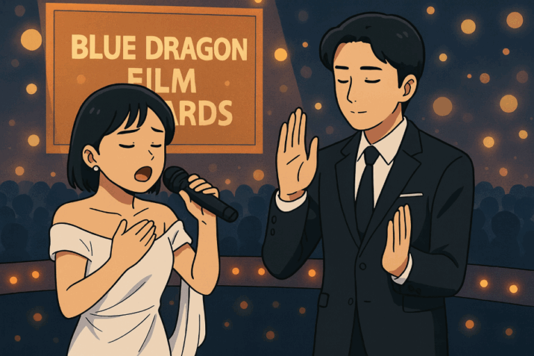 A short-haired female singer in a white off-shoulder gown passionately performs on stage at the Blue Dragon Film Awards while a male actor in a suit raises his hand beside her, surrounded by warm stage lights and a large audience.