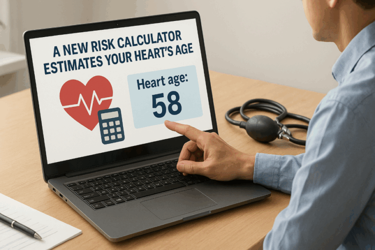 A person using a heart age risk calculator on a laptop showing ‘Heart age: 58,’ with a stethoscope and blood pressure cuff nearby, representing cardiovascular risk assessment.