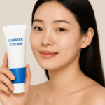 A young Korean woman with clear, glowing skin holding a white and blue barrier cream tube in a 16:9 beauty-style photograph, showcasing skincare and healthy complexion.