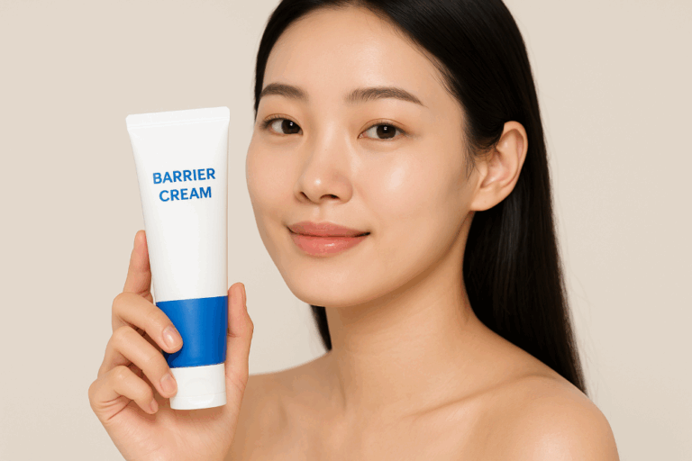 A young Korean woman with clear, glowing skin holding a white and blue barrier cream tube in a 16:9 beauty-style photograph, showcasing skincare and healthy complexion.