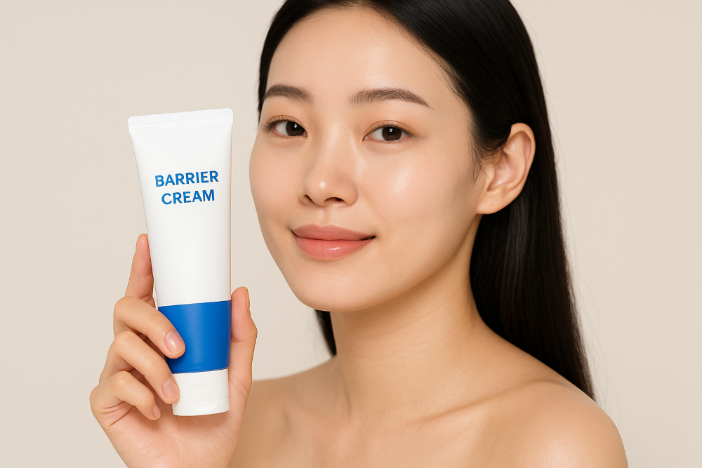 A young Korean woman with clear, glowing skin holding a white and blue barrier cream tube in a 16:9 beauty-style photograph, showcasing skincare and healthy complexion.