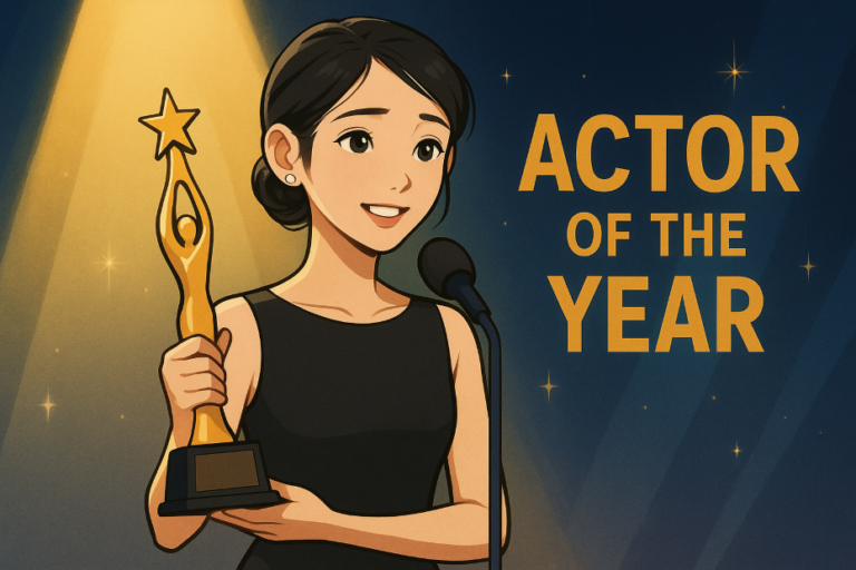 Illustration of a spotlighted award stage with symbolic elements representing IU’s acting achievements at AAA 2025.