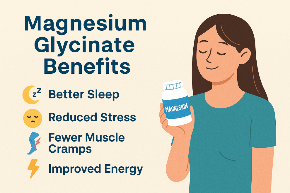 A person taking a magnesium glycinate supplement to improve sleep, reduce stress, relieve muscle cramps, and support overall wellness.