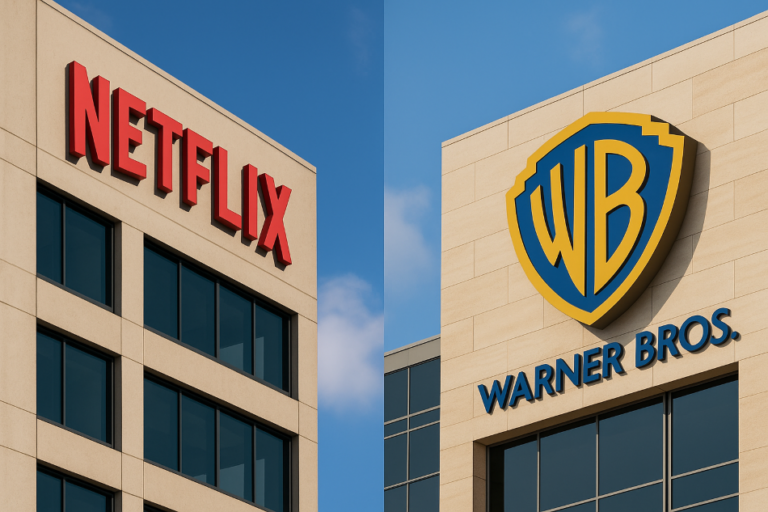 Netflix and Warner Bros. headquarters logos displayed on modern buildings, symbolizing the streaming industry impact of Netflix’s potential Warner Bros. acquisition.