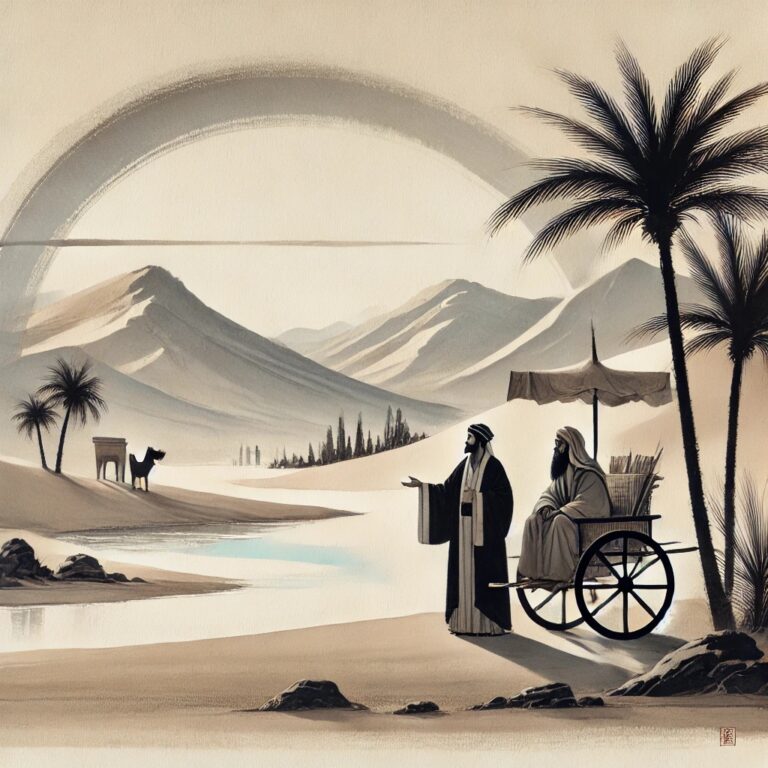 An ink-wash style illustration of Philip explaining Scripture to the Ethiopian eunuch beside a chariot in a desert landscape, with mountains, palm trees, and a camel in the distance.