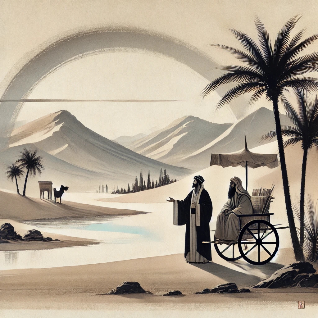An ink-wash style illustration of Philip explaining Scripture to the Ethiopian eunuch beside a chariot in a desert landscape, with mountains, palm trees, and a camel in the distance.