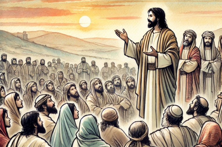 Jesus teaching a crowd about loving God and loving others, illustrated in a warm watercolor and ink style with disciples listening attentively at sunset.