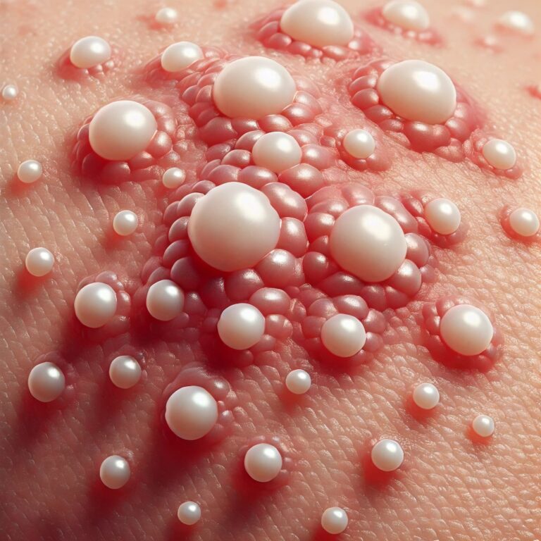 Medical illustration showing pearly, dome-shaped skin lesions with central indentation, characteristic of molluscum contagiosum, a contagious viral skin infection.