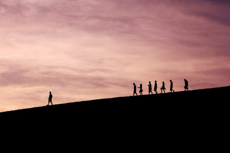 A leader walking ahead of a team at sunset, symbolizing purpose-driven leadership and guiding organizations through transformation.