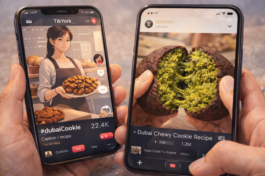 Smartphones showing viral Dubai chewy cookie videos on social media.