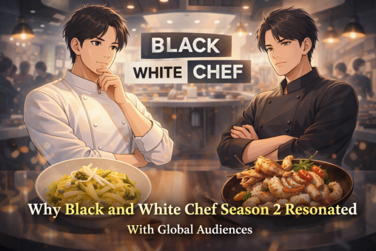 Anime-style illustration of two chefs facing each other in a modern kitchen, representing the contrast of styles in Black and White Chef Season 2, with minimalist and elaborate dishes symbolizing restraint, philosophy, and quiet confidence in Korean cooking competition shows.