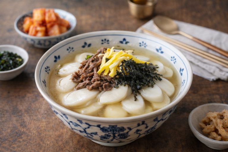 Traditional Korean beef rice cake soup (tteokguk) served in a bowl, symbolizing renewal and good fortune during Korean Lunar New Year.
