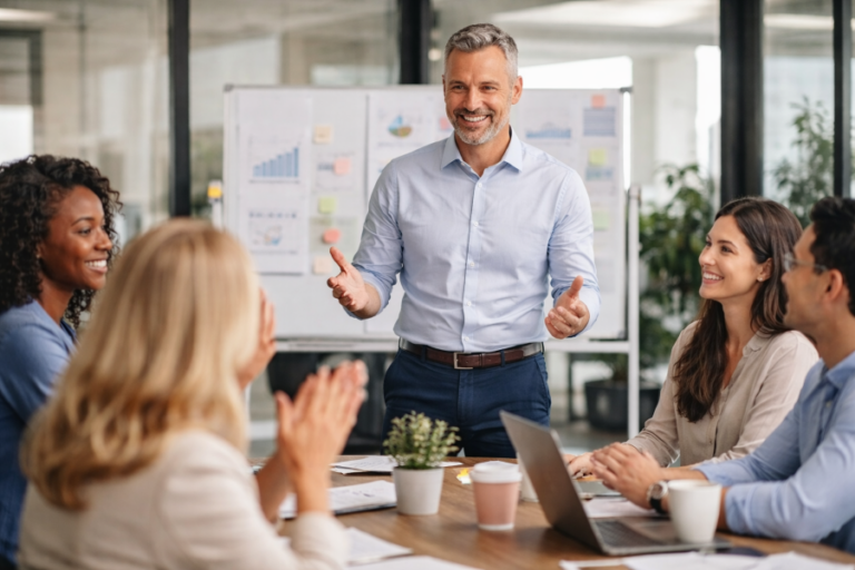 A leader engaging openly with employees during a team meeting, symbolizing trust, transparency, and effective leadership communication in the workplace.