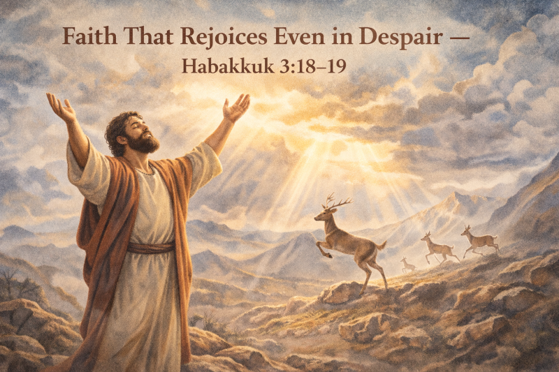 Watercolor illustration of a believer standing on a high mountain, lifting hands in praise with light breaking through dark clouds, symbolizing faith and joy in God during times of despair based on Habakkuk 3:18–19.