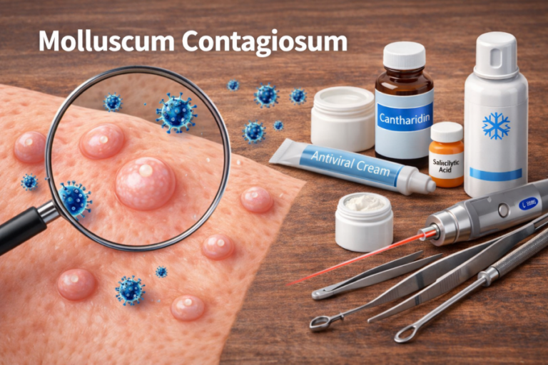 Illustration representing molluscum contagiosum skin bumps and treatment concepts