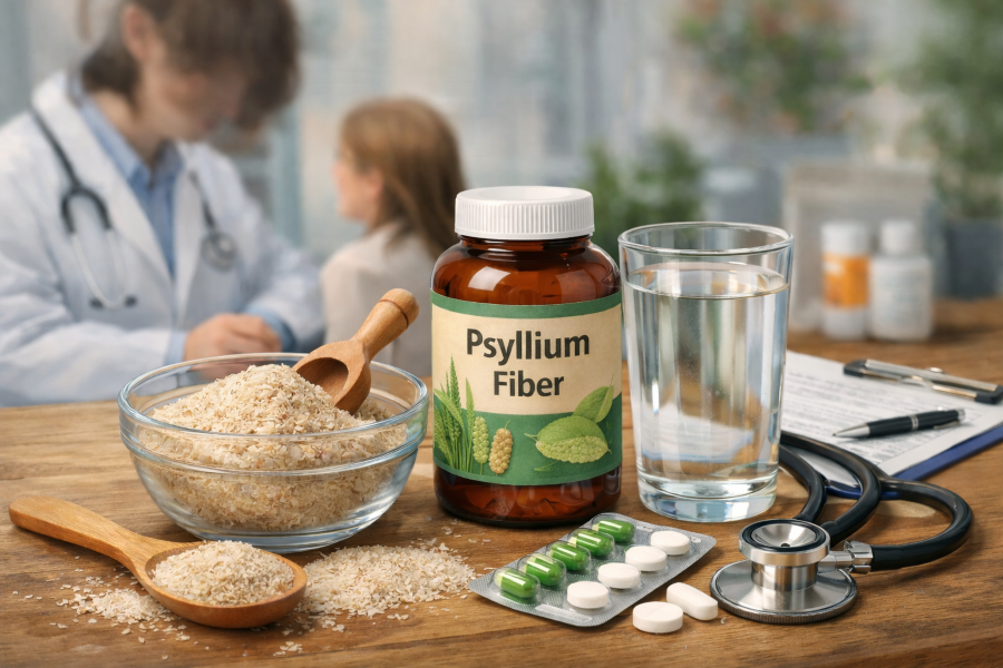A health-themed photo showing psyllium husk in a glass bowl with a wooden spoon, a glass of water, supplement bottles, and a stethoscope on a wooden table, with a blurred background of a doctor consulting a patient.