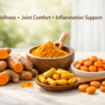 Photorealistic image of fresh turmeric roots, ground turmeric powder, and curcumin capsules and tablets arranged on a bright table with natural sunlight, representing daily wellness, joint comfort, and inflammation support.